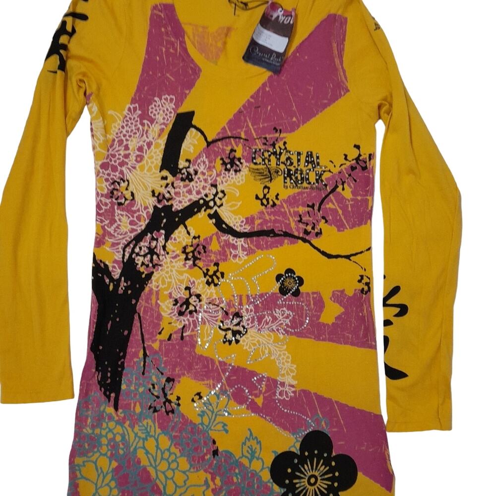 Christian Audigier Yellow and Pink Long Sleeve Graphic Women’s Top